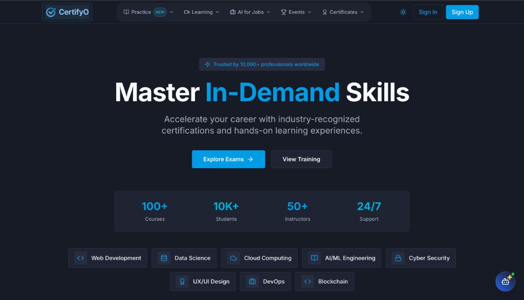 CertifyO homepage — Master in-demand skills with certifications and hands-on learning