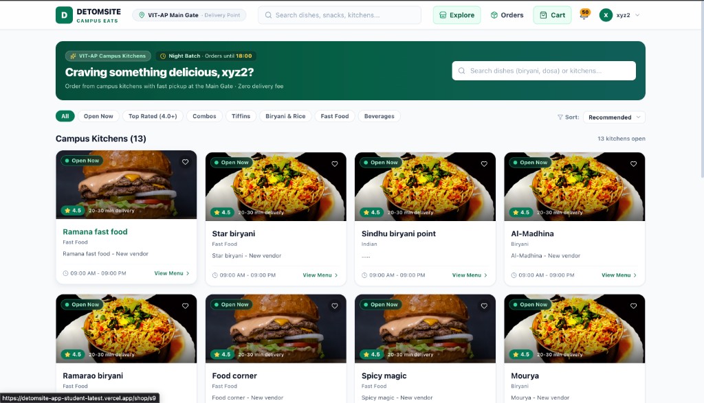 DetomSite Campus Eats — campus kitchen listing and food delivery